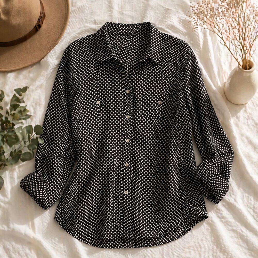 Black White Polka Dot Button Down Blouse Medium Workwear Minimalist Top